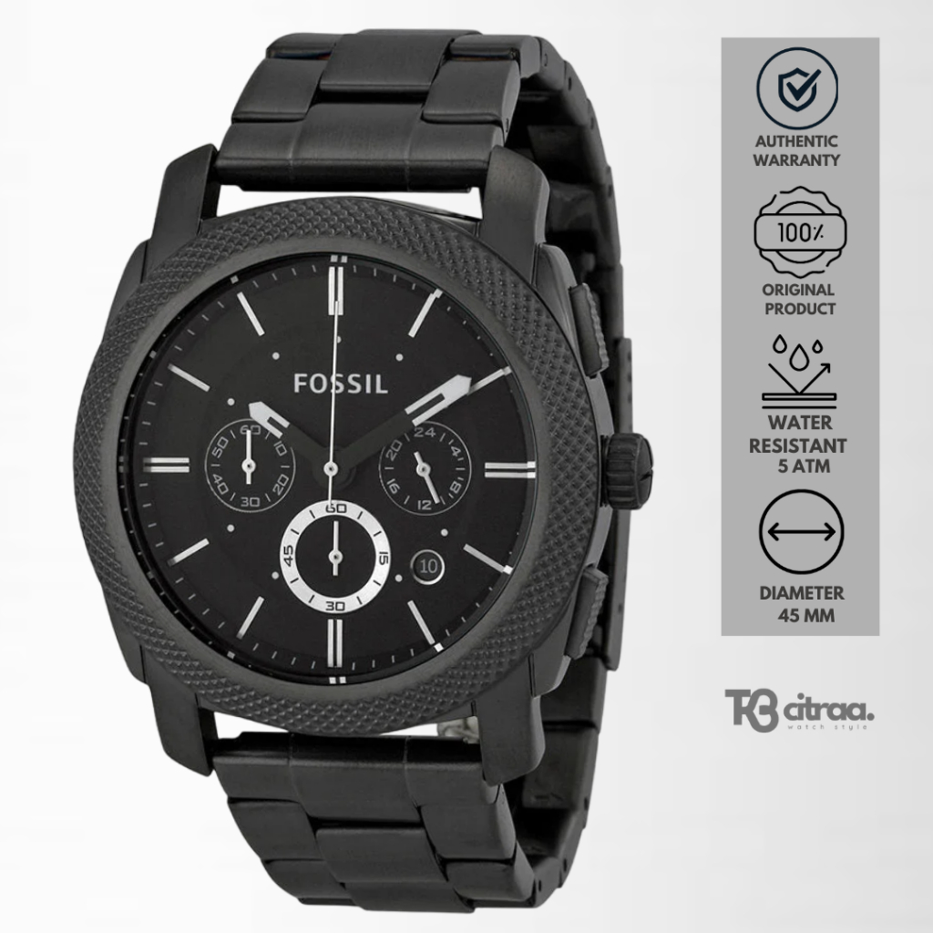 Jam Tangan Fossil Machine Chronograph Black Stainless Steel Mewah Sporty Original FS4662
