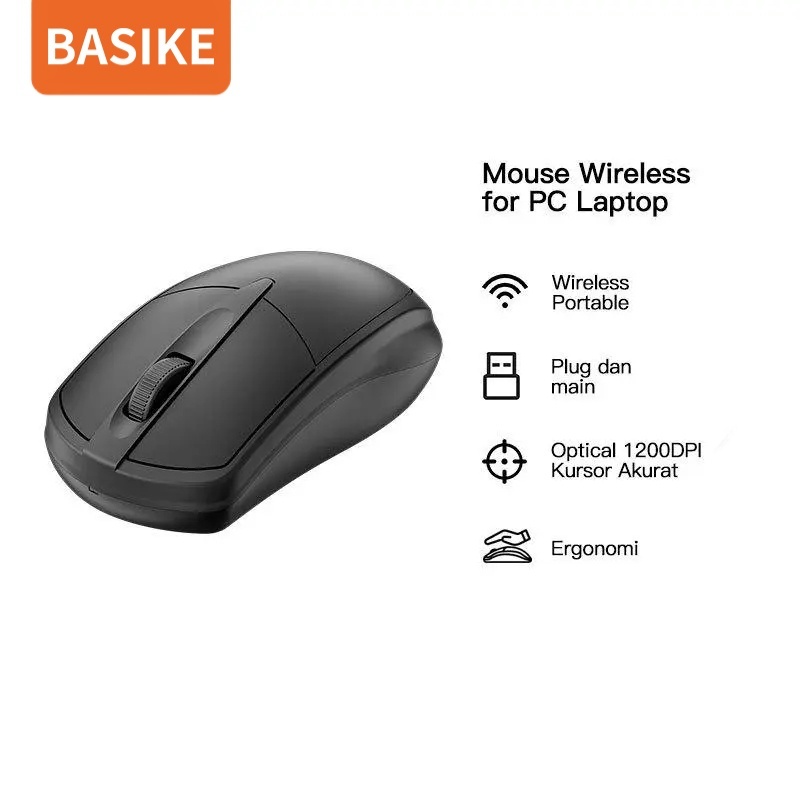 BASIKE Mouse Nirkabel Bluetooth 5.4 Type-C Rechargeable Silent Optik 1000DPI 2.4G Hitam ABS Kompatib