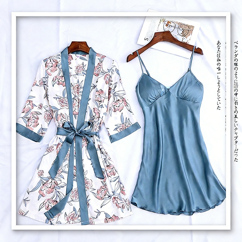 kimono dress baju tidur wanita piyama satin silk premium lengan panjang Setelan Sutra  one set  dast