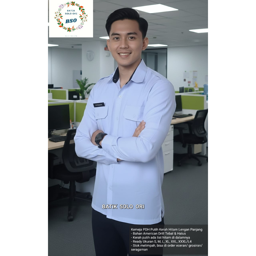 Kemeja Pdh Pria Putih Kerah Hitam. Bahan Drill Premium, Nyaman Dipakai Sehari-Hari. Seragam Pdh