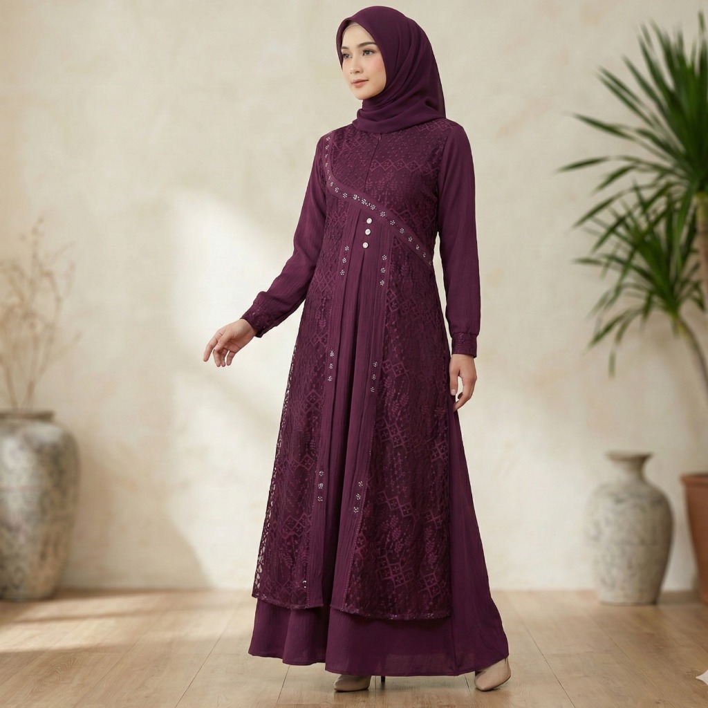 Gamis Lebaran Elegan Mewah Zalfa Dress Hijab Pashmina Pesta Jumbo Kondangan Brukat