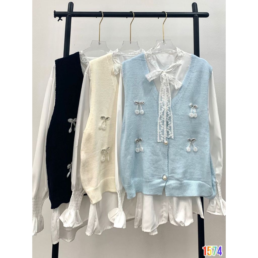 Kemeja blouse set vest setelan knit korean style/ atasan wanita kemeja dan rompi pakai terpisah