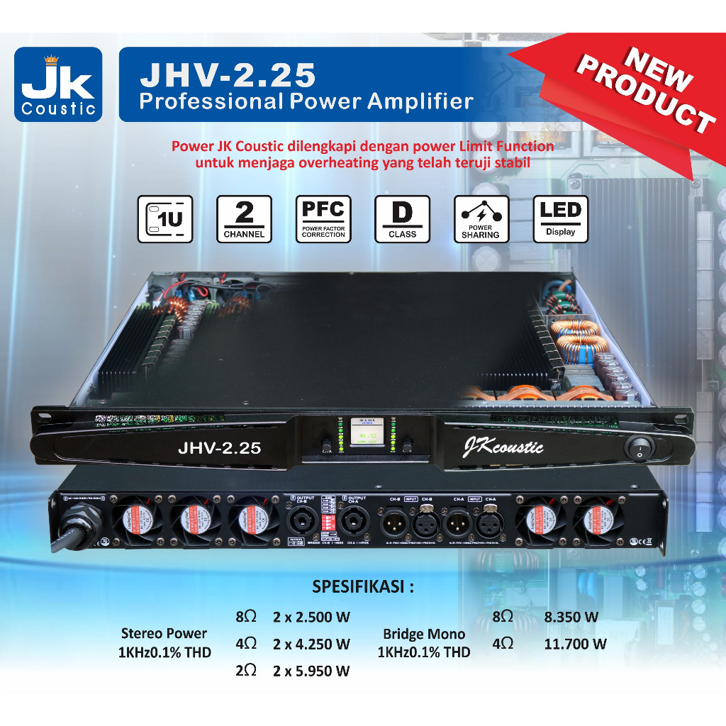 Power 2 Channel Jk Coustic JHV 2.25 Power Amplifier 2 x 2500 Watt