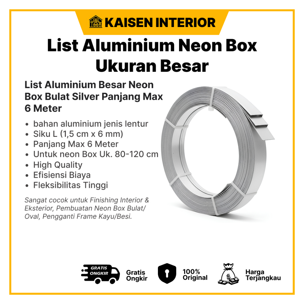 LIST SIKU ALUMINIUM NEON BOX BULAT BESAR SILVER UKURAN 1,5 x 0,6 CM PANJANG 6 MTR