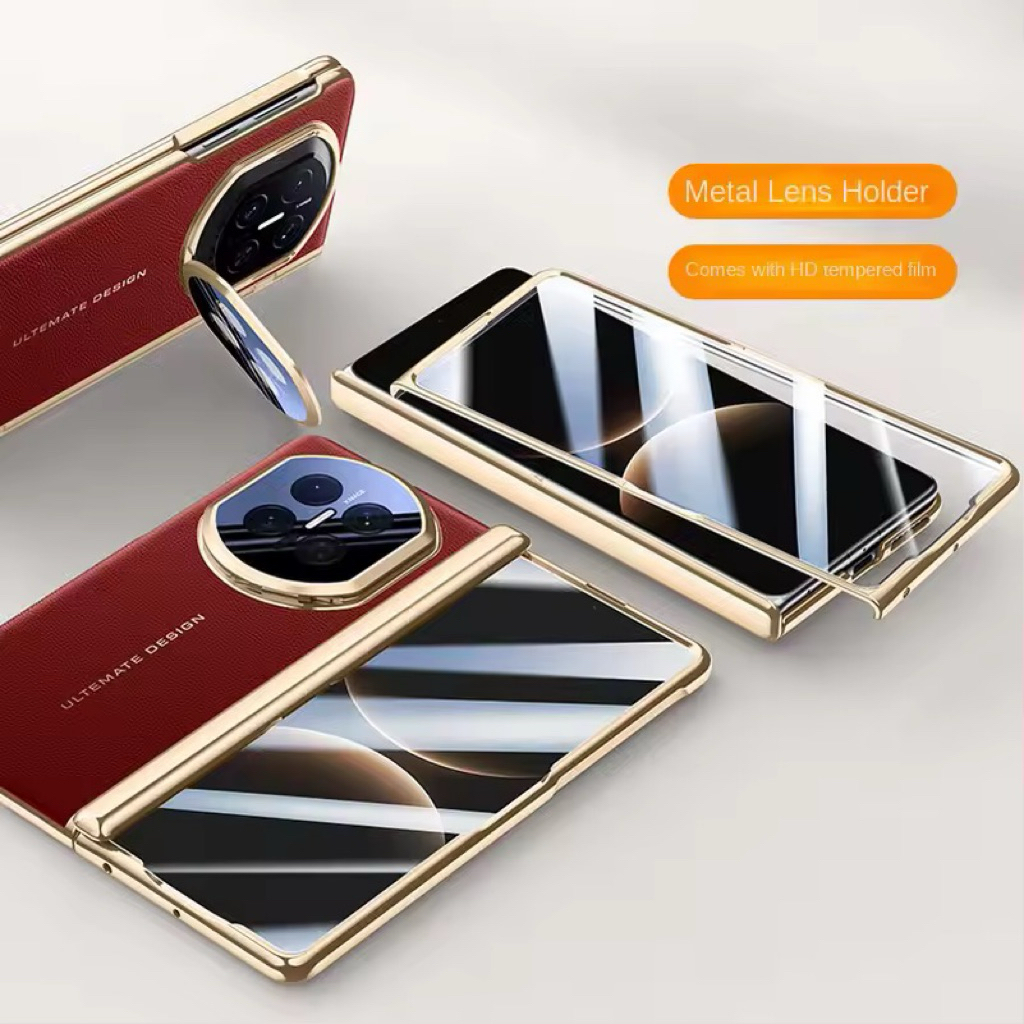 case casing Electroplate Spring Hinged Plain Leather Tempered Glass Protect Case For Huawei Mate X7 