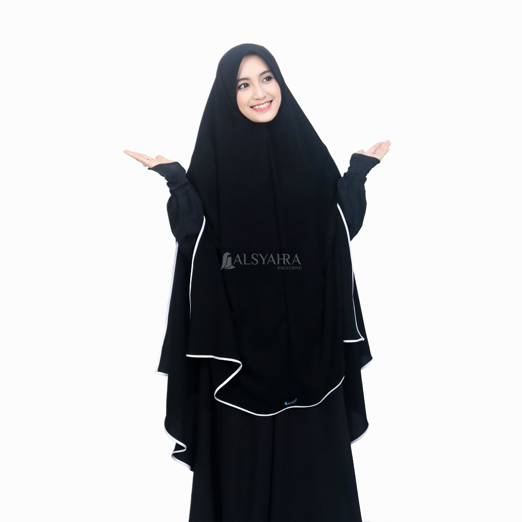 Alsyahra Exclusive Set Khimar Syari Handsplit Bisban List White PAD Cadar Tali Soft Jetblack