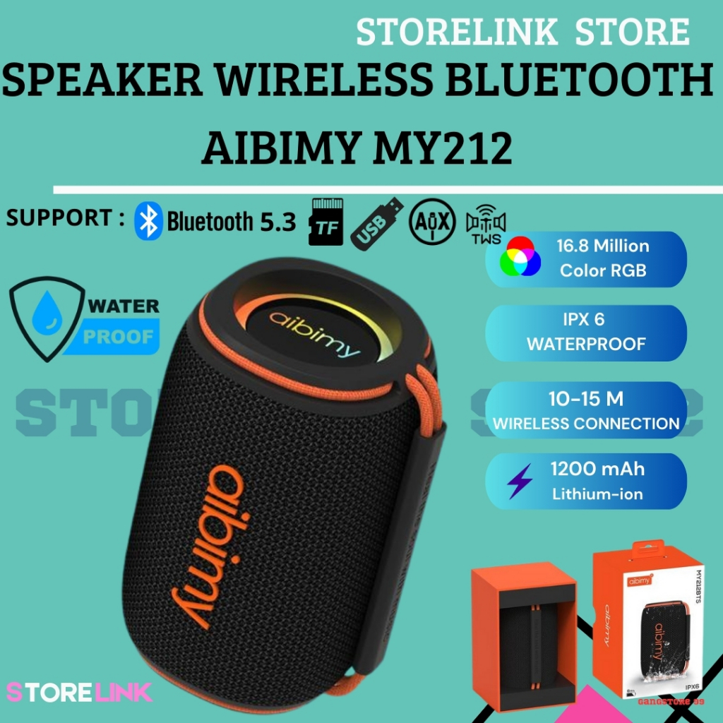 Speaker AIBIMY MY212 Portable Waterproof Speaker Bluetooth Bass Kencang RGB IPX6 TWS Stereo Bluetoot