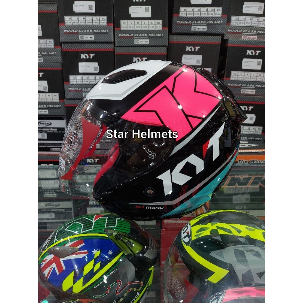 Helm KYT DJ Maru Motif #17 Black / Aqua Blue / Fuxia Fluo