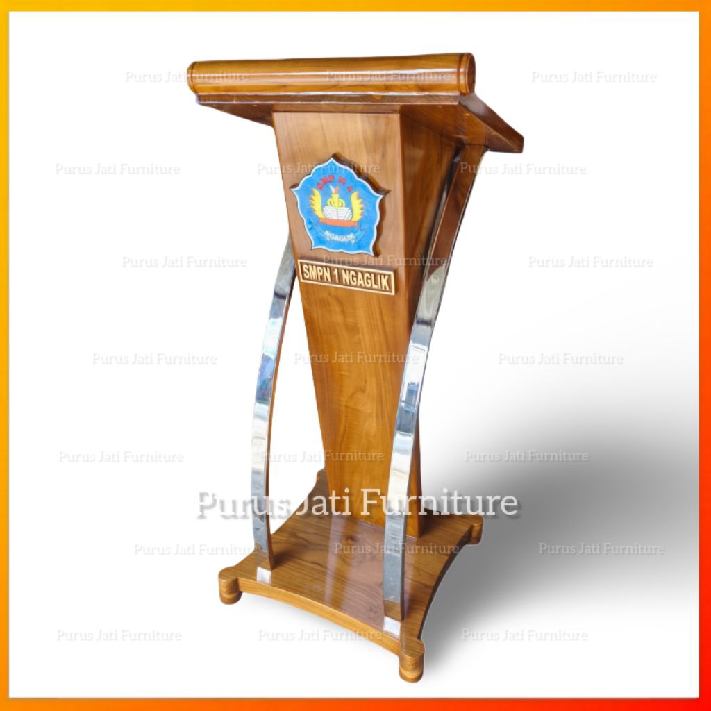 Mimbar Podium Pidato Ceramah Seminar / Upacara Model Minimalis Bahan Stainless Rangka Kayu Jati Soli