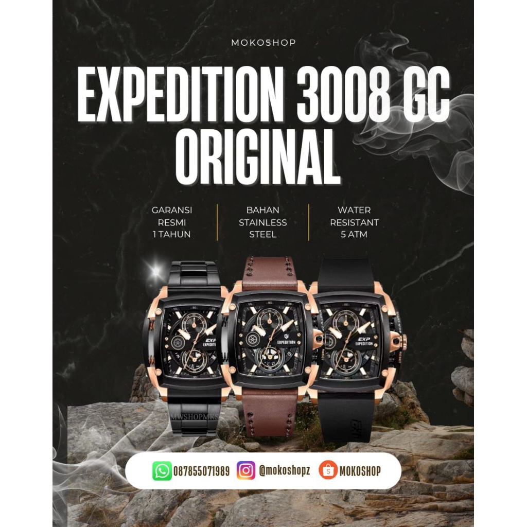 E 3008 EXP 3008 Expedition Jam Tangan Pria Tali Karet / Tali Kulit / Tali Rantai Original Garansi Re