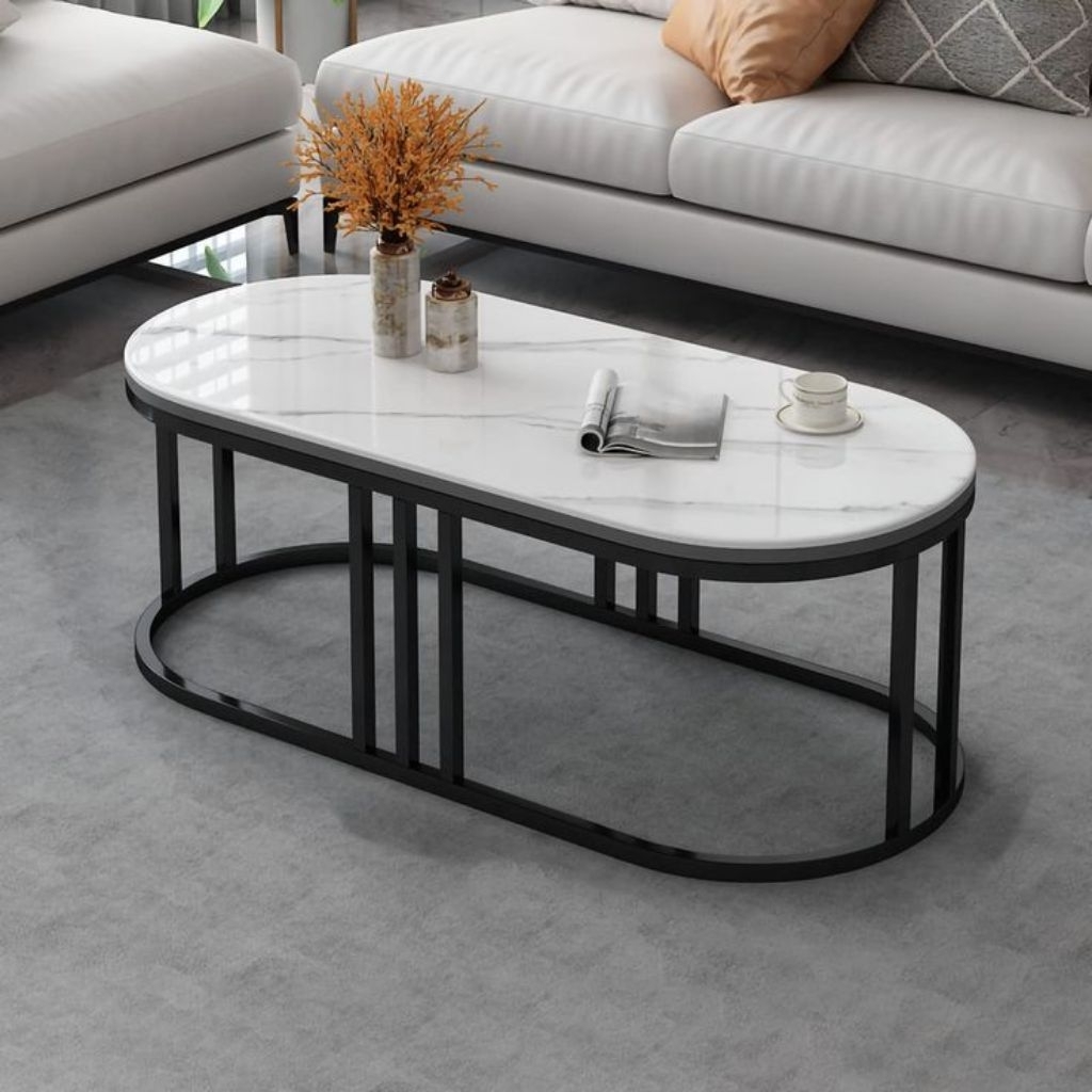 MEJA KOPI TOP MARMER WHITE STATUARIO KAKI BESI / MEJA TAMU TOP MARMER WHITE STATUARIO