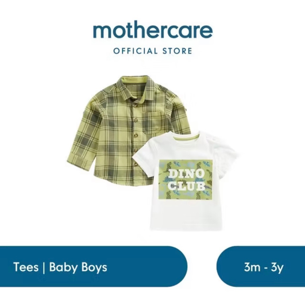 Mothercare Checked Shirt and Dino T-Shirt Set - Set Kaos & Kemeja Bayi Laki-laki (Hijau)