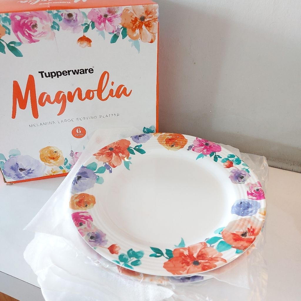 Tupperware magnolia large plate set 6 pcs piring bahan melamin warna putih hiasan bunga promo mewah 