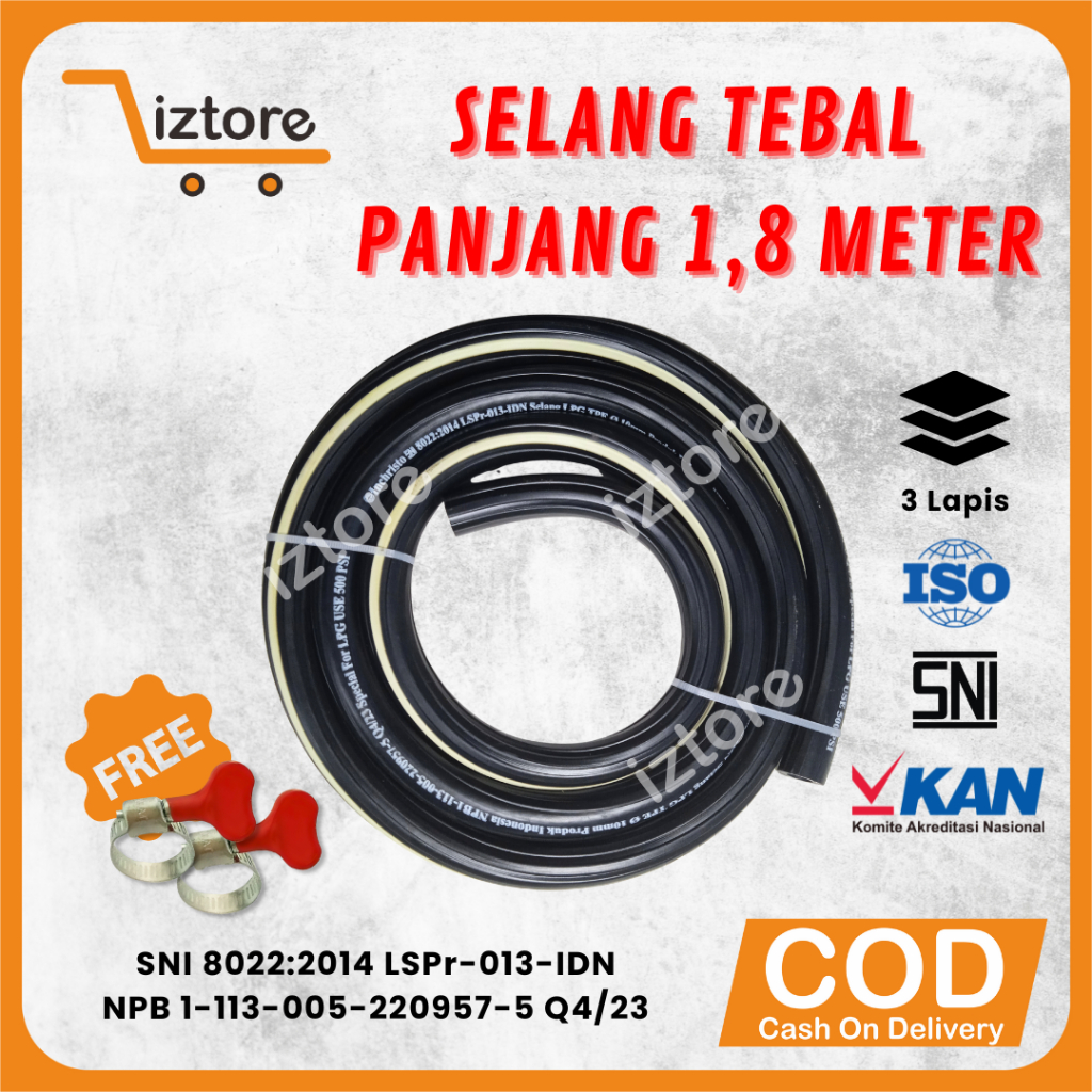 COD Selang Kompor Gas 3 Lapis Original SNI Panjang 1,8 Meter Warna Hitam Strip Putih