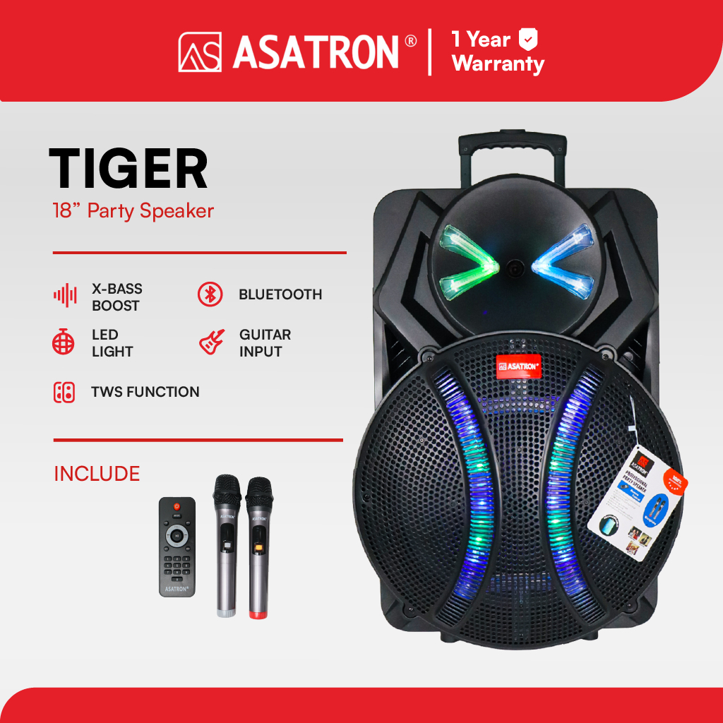Asatron Tiger 18 Inch Bluetooth Karaoke Party Speaker Dual Mic X-Bass TWS