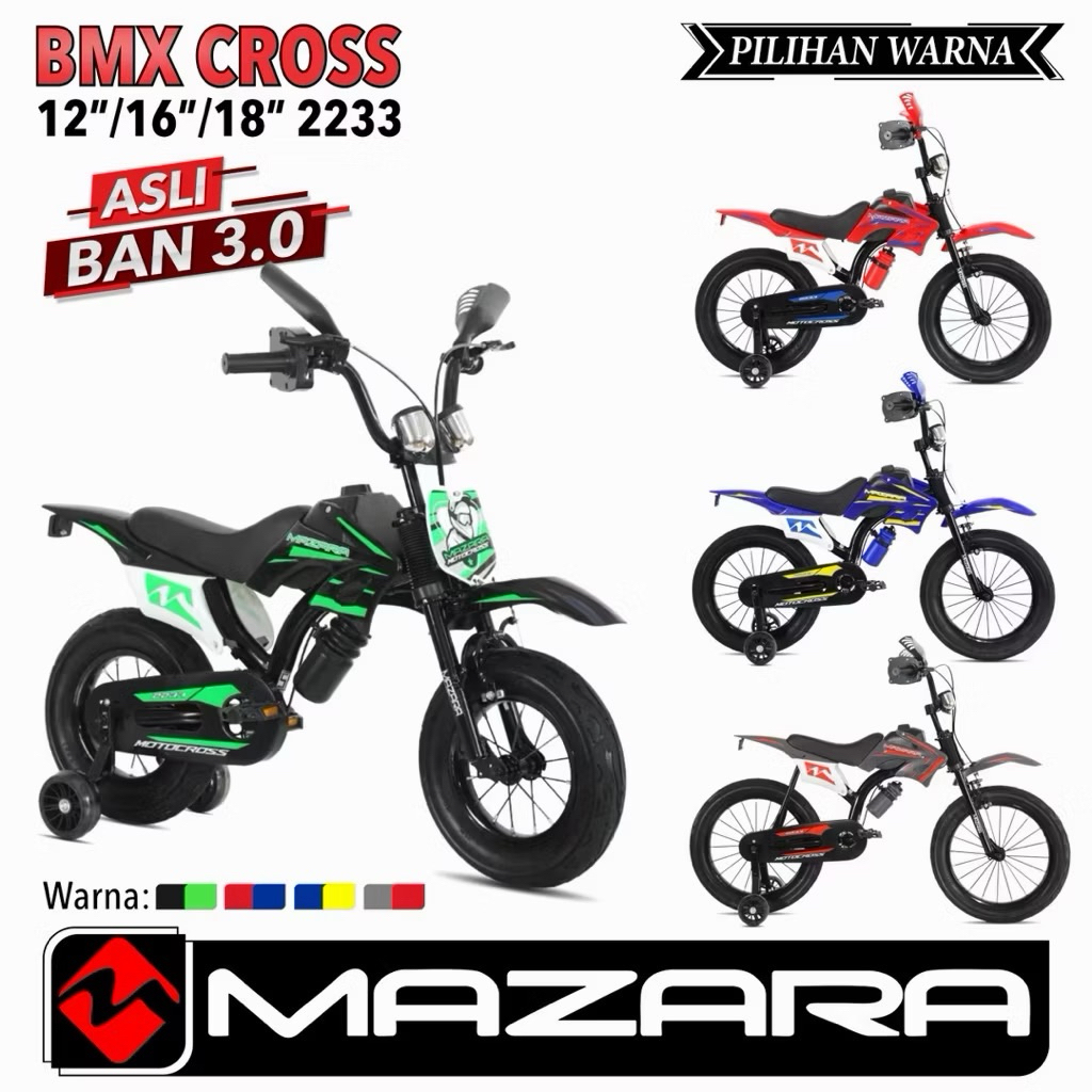 MAZARA Sepeda Anak Laki BMX MAZARA 2233 Ukuran 12, 16, dan 18 inch  Motor Cross Trail Ban 3.0