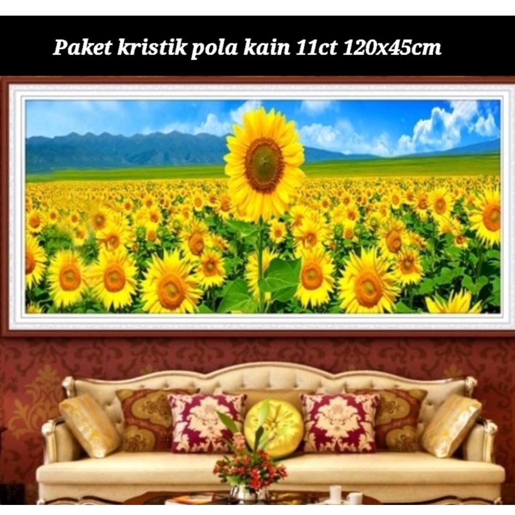 DIY PAKET KRISTIK TAMAN BUNGA MATAHARI SUNFLOWER POLA KAIN CROSS STITCH 11CT