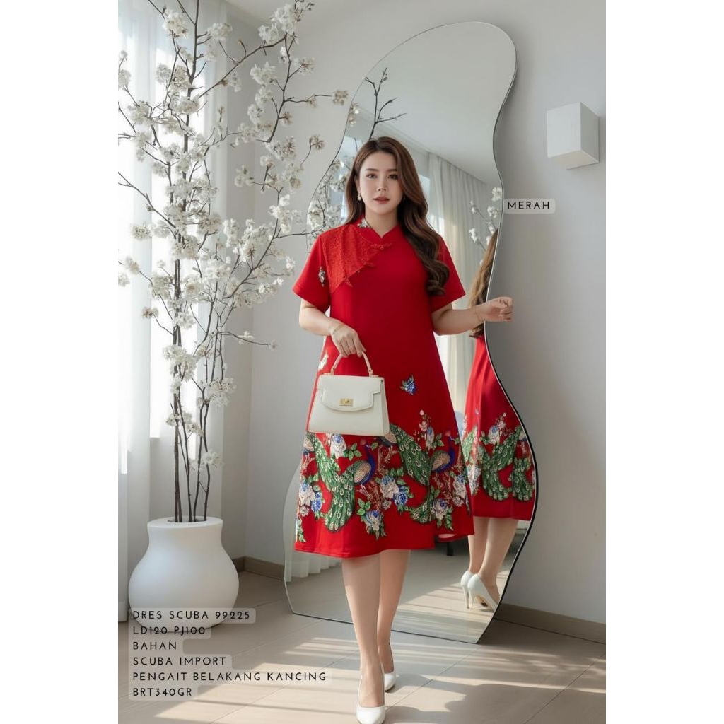 dress scuba merah, cheongsam, imlek