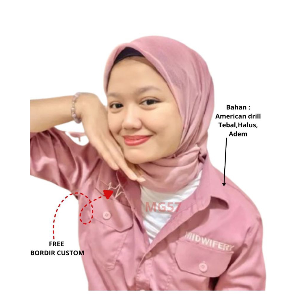 Baju pdh dusty pink wanita lengan panjang free custom bordir