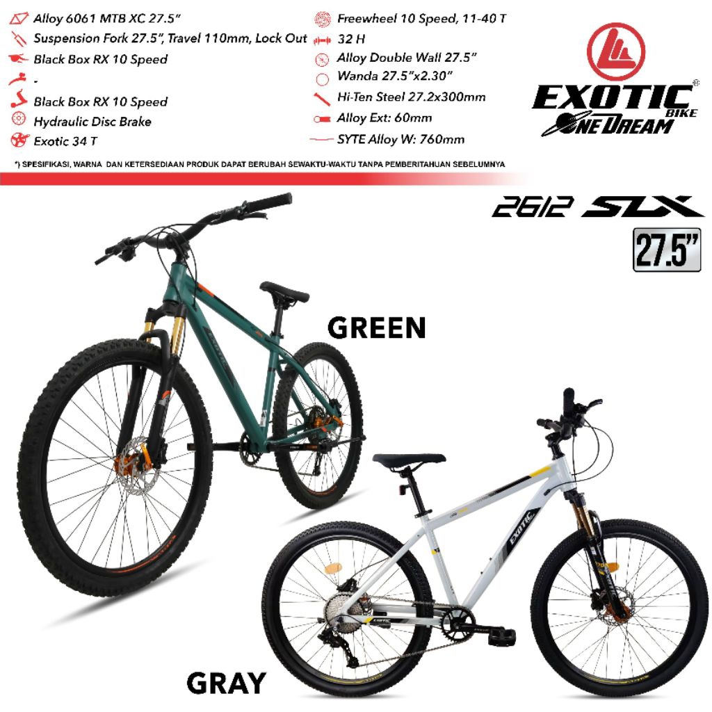 Sepeda MTB 27.5 inc 2612 SLX Alloy Exotic 7speed