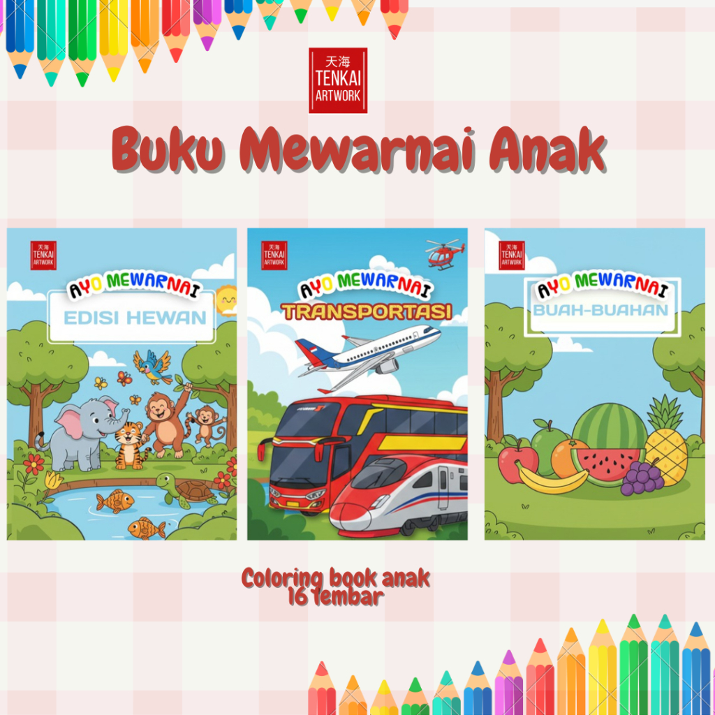 Buku edukasi anak mewarnai full colour warna gambar hewan transportasi buah buahan