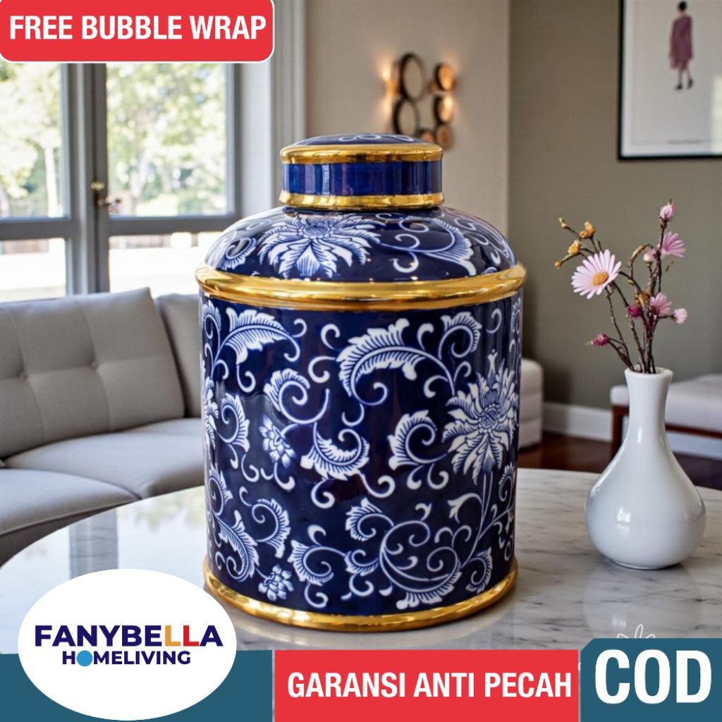 Guci Toples Keramik China Tochin Biru Putih Import Guci Porselen Dekorasi Rumah