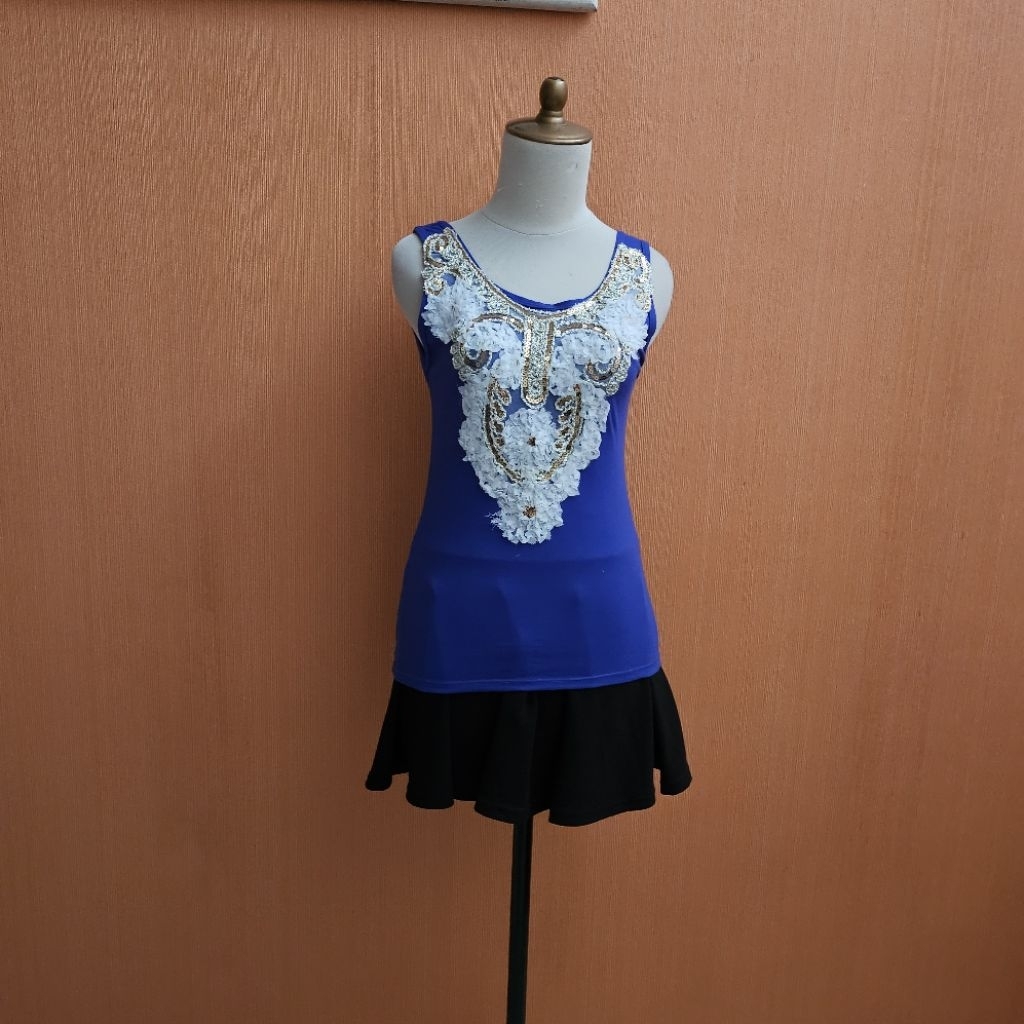 atasan kaos wanita biru elektrik birel S cewek M dada payet MEWAH cute blouse santai