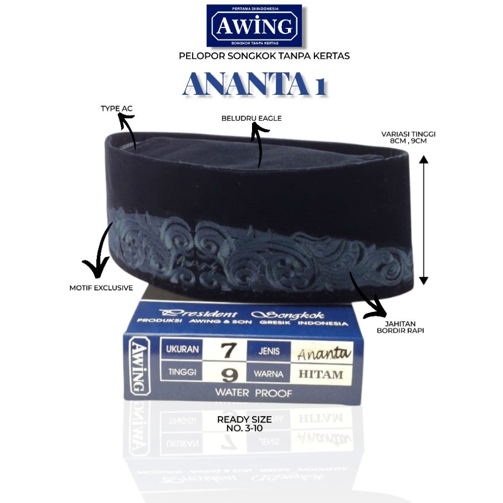 Peci Awing Motif Bordir ananta 1/ Songkok Awing Motif Bordir Hitam Ananta 1