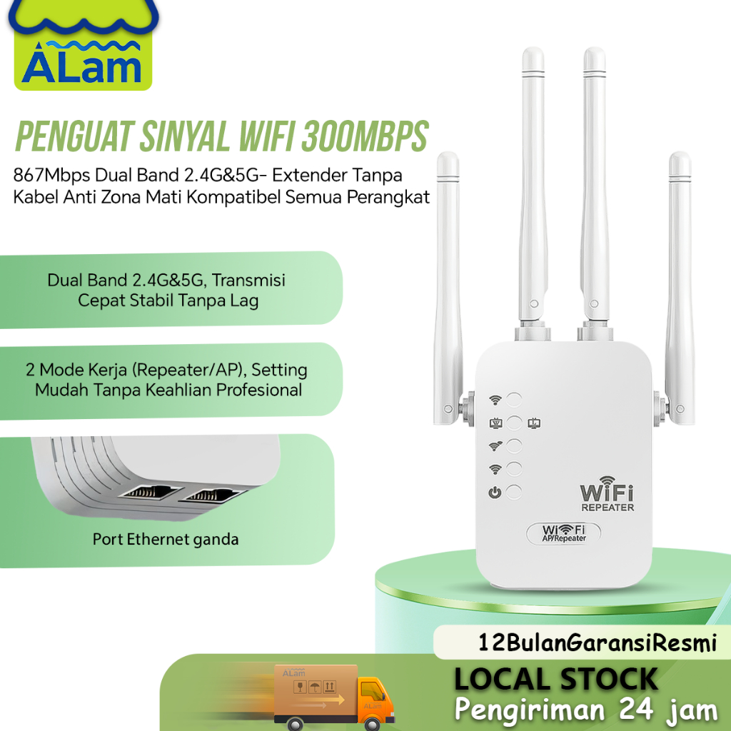 Alam Penguat Sinyal WiFi Dual Port RJ45 - Repeater Mini Portabel Setting Simpel Tanpa Kabel Ribet