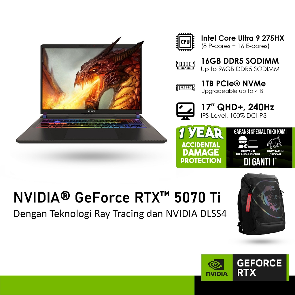 MSI VECTOR 17 HX AI A2XWHG-032 GeForce RTX™ 5070 Ti 12GB - ULTRA 9 275HX 16GB 1TB WINDOWS 11