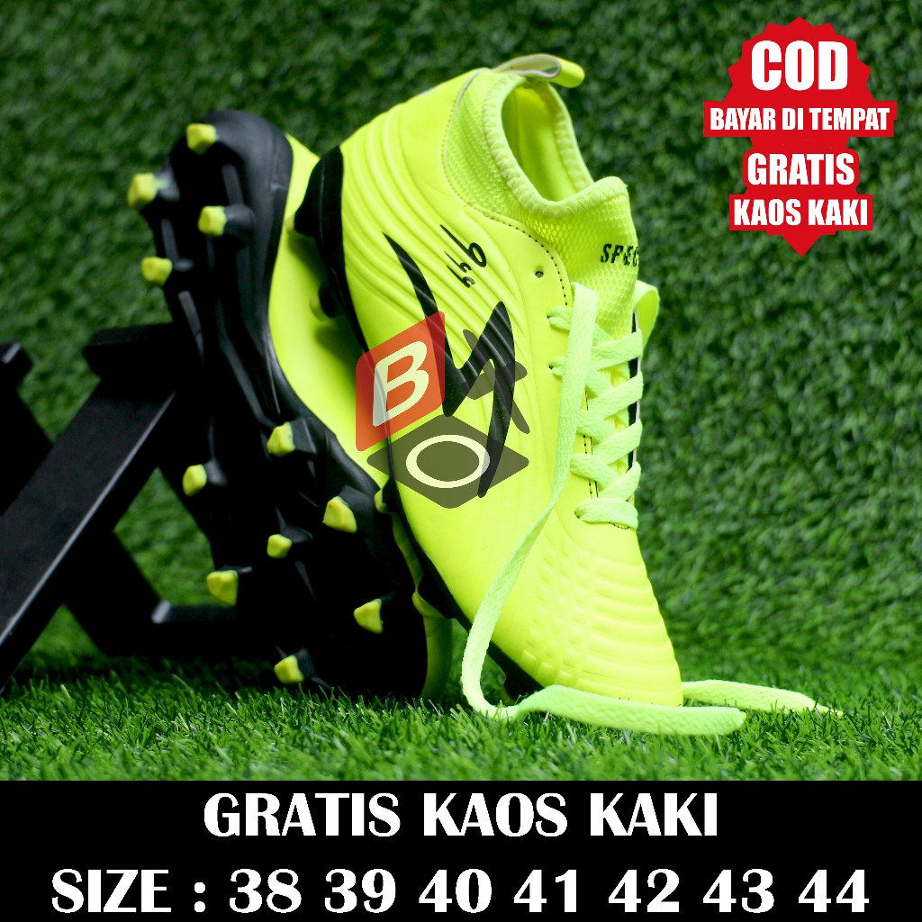 BOX - Sepatu Sepak Bola Dewasa Specs Bola Infinity Boots Hijau Stabilo Hitam Sol PVC Terbaru