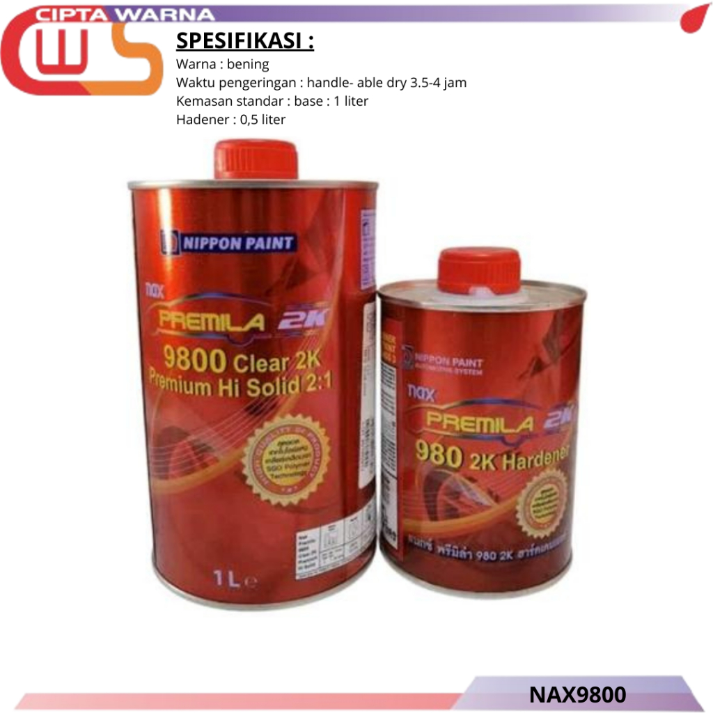 Clear Coat Pernis Nippon Nax Premila 2K 9800 Hi Solid 2:1 + Harderner Set