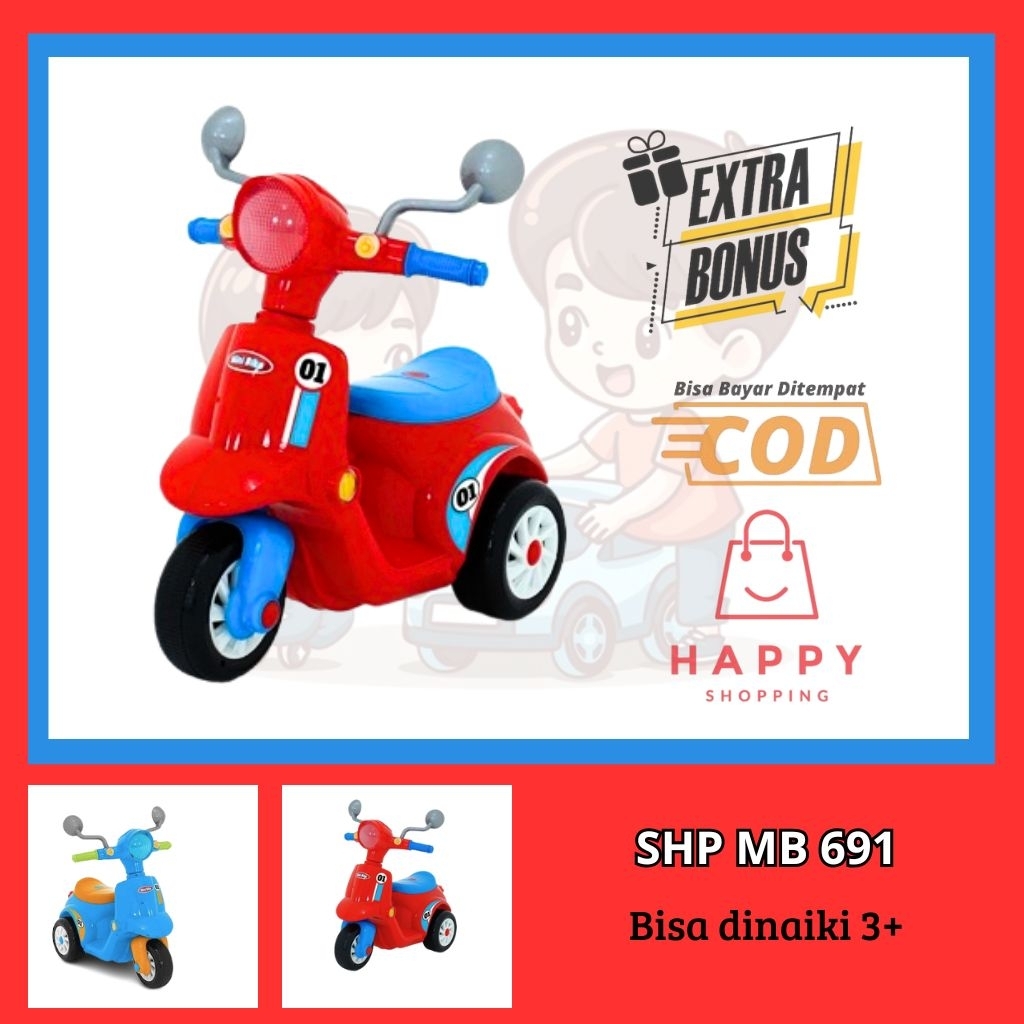 Mainan anak vespa dorong MB691,sepeda vespa roda 3 anak,scooter anak roda 3 ada musik