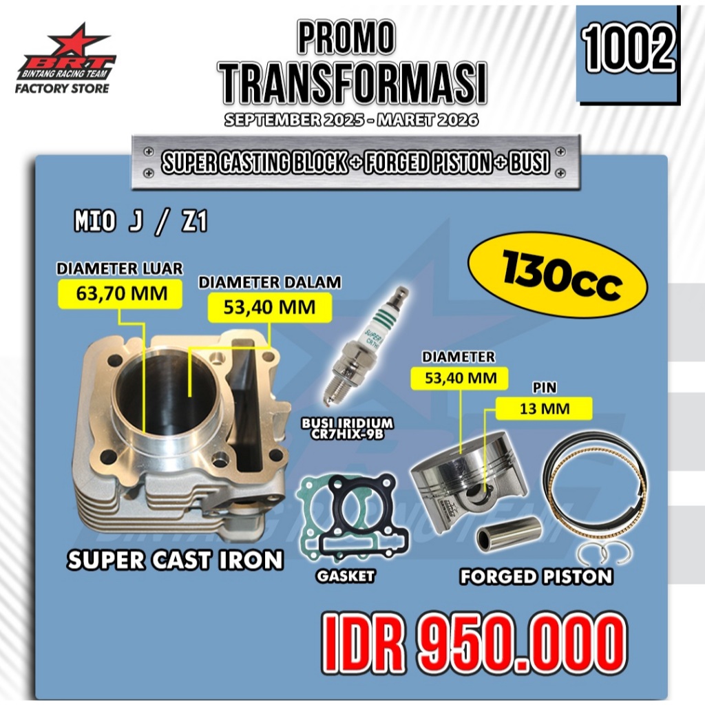 PROMO 1002 BRT PAKET BORE UP 130CC BLOK SEHER BLOK PISTON CAST IRON MIO J / JUPITER Z1