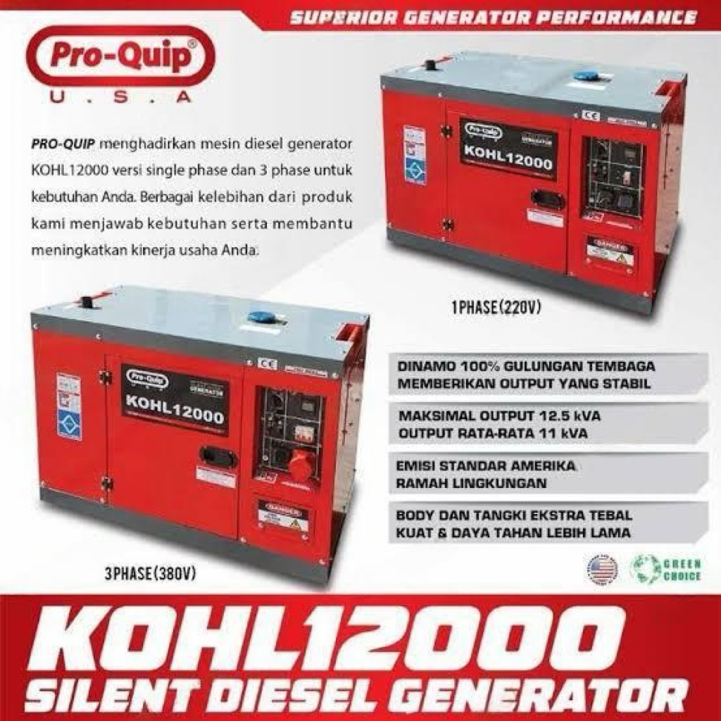Genset Silent Diesel KOHL 12000 Generator 12.5 KVA PROQUIP KOHL12000 - 1 PHASE