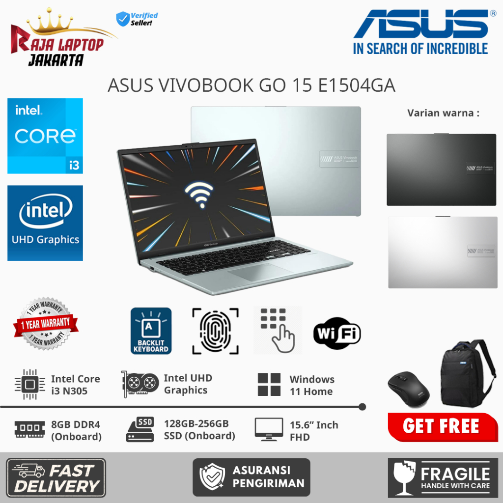 Laptop Baru Asus Vivobook Go 15 E1504GA Intel Core I3 N305 Ram 8GB Black silver Win 11 Original