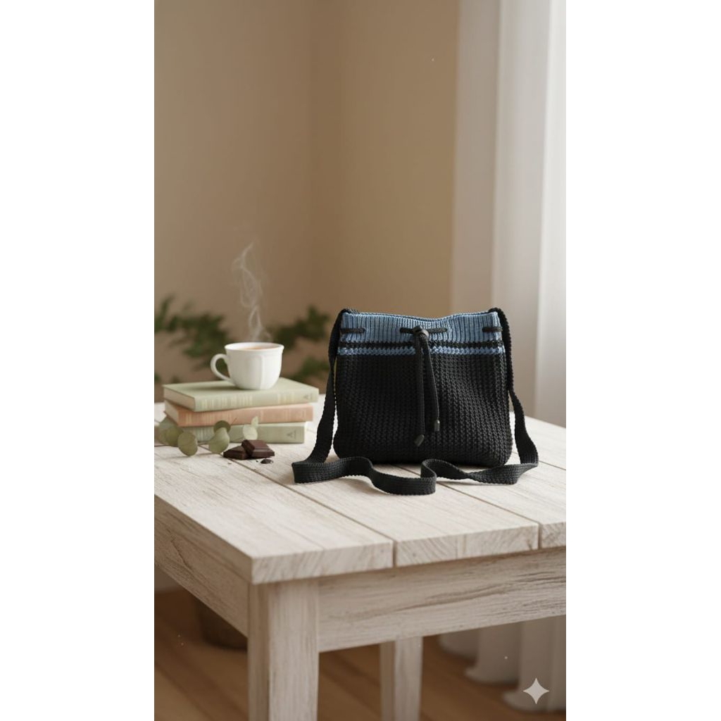 tas rajut slempang serut warna hitam/tas rajut slempang wanita