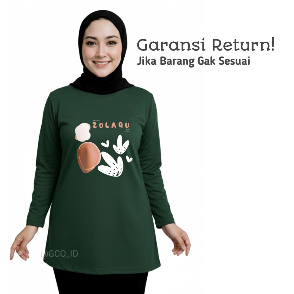 Kaos Semitunik Zolaqu Original Terbaru 2026 Hijau Botol | Oversize ZLQ Tunik Motif Lengan Panjang