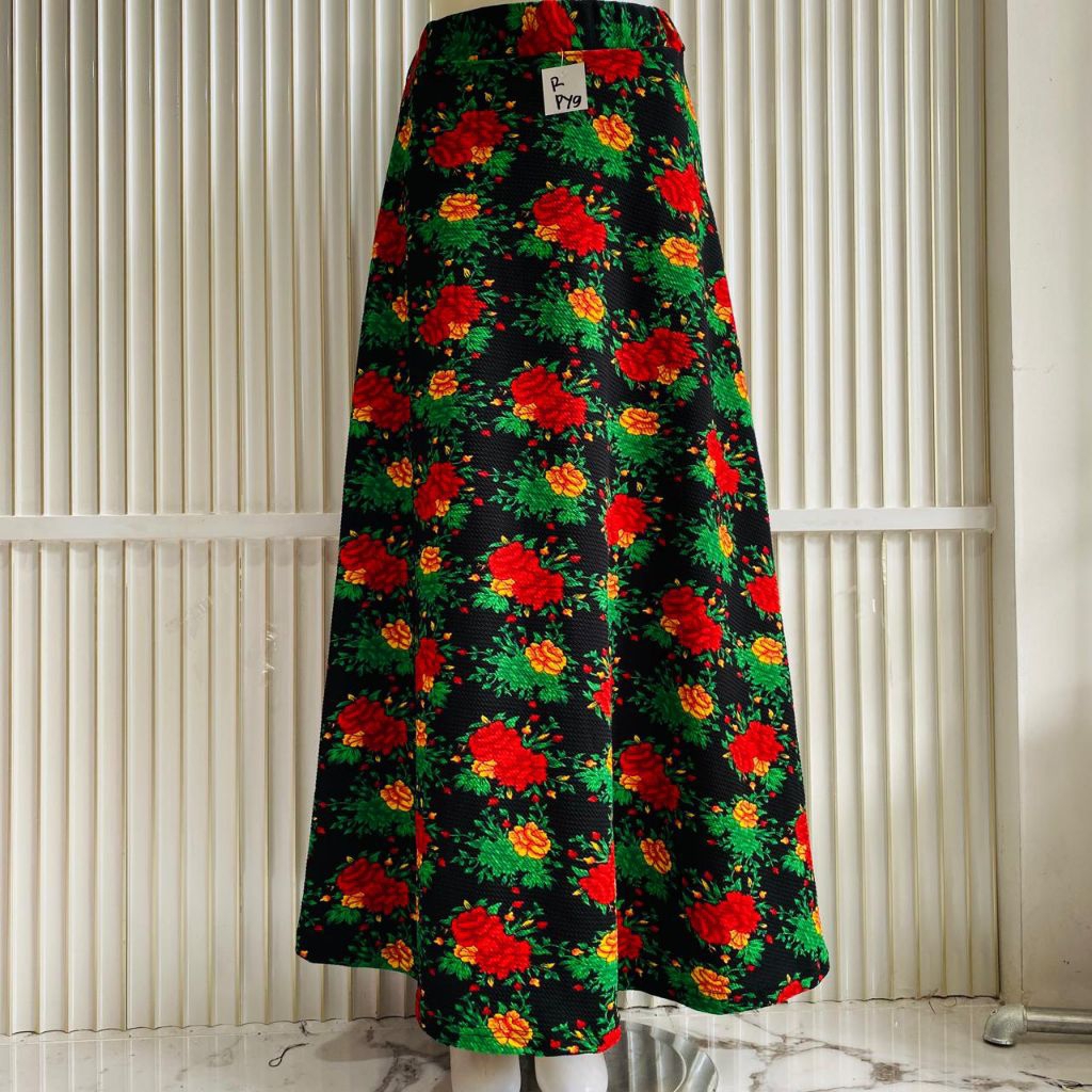 Rok panjang wanita motif kembang super cantik bahan wafel pinggang full karet