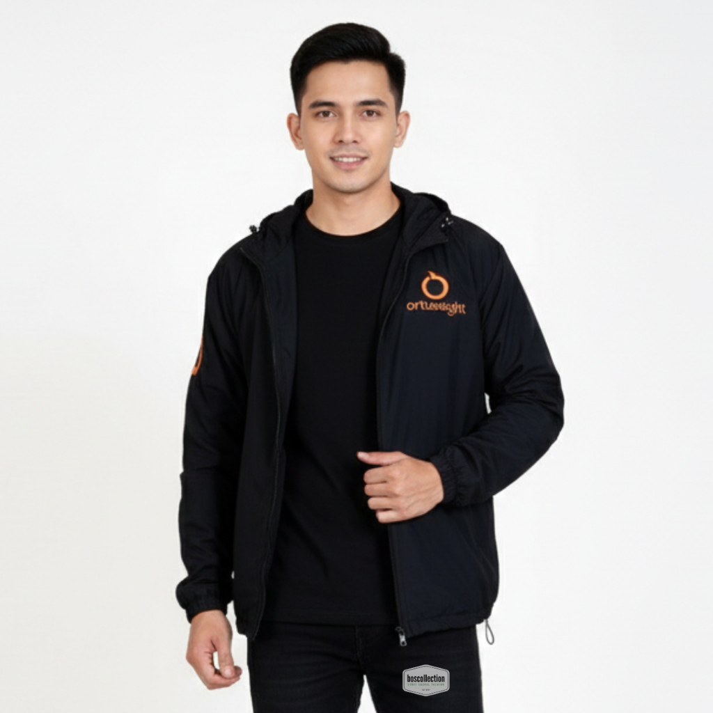 Jaket Parasut Ortus Hitam Logo Putih / Jaket Olahraga