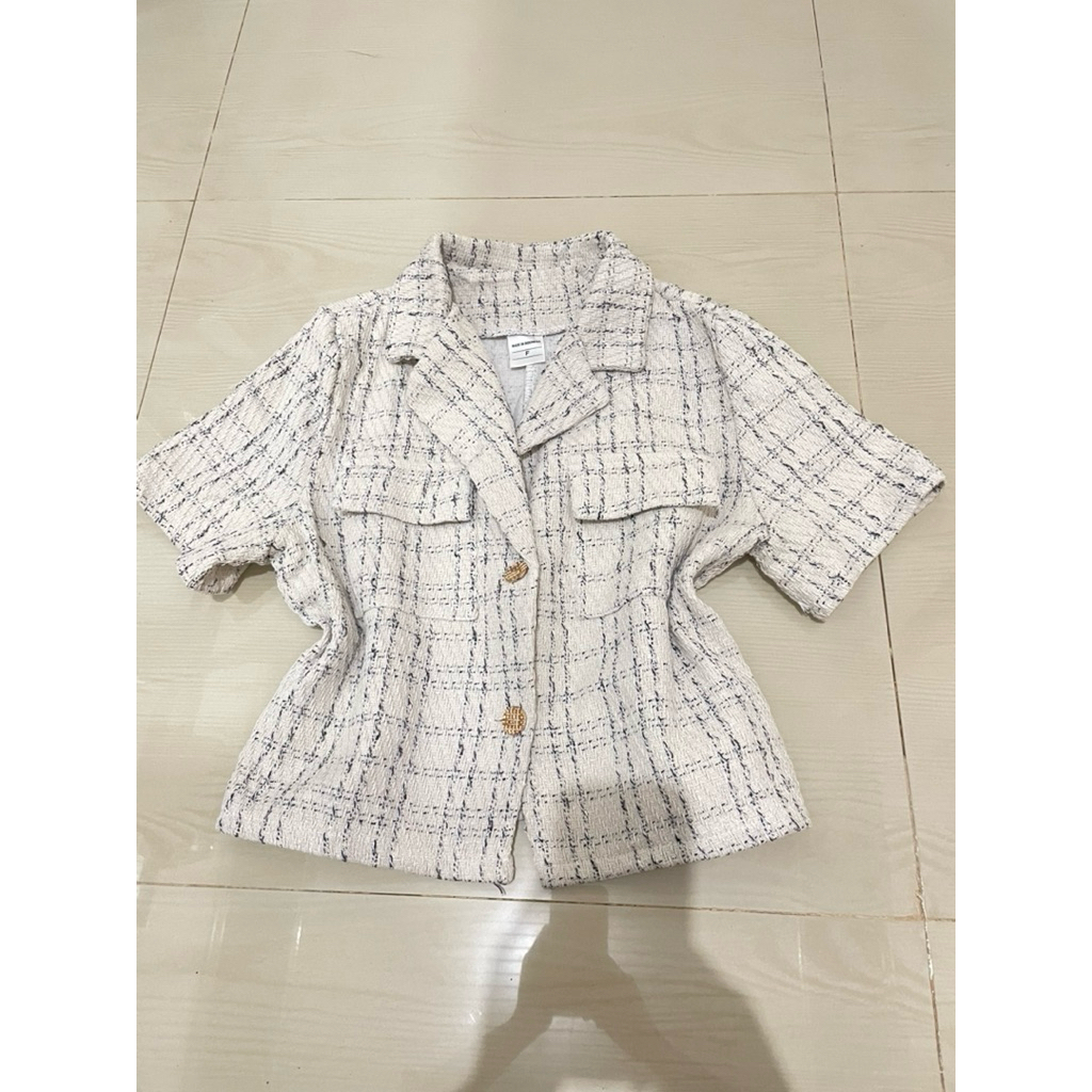 Top tweed cardigan twedd cardi twed broken white top cream earthtone blazer lengan pendek blazer twe