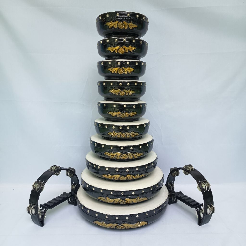 Rebana Qasidah Lasqi Ukir Super 1 Set Lengkap Susun 10+2 Tamborin + Tas