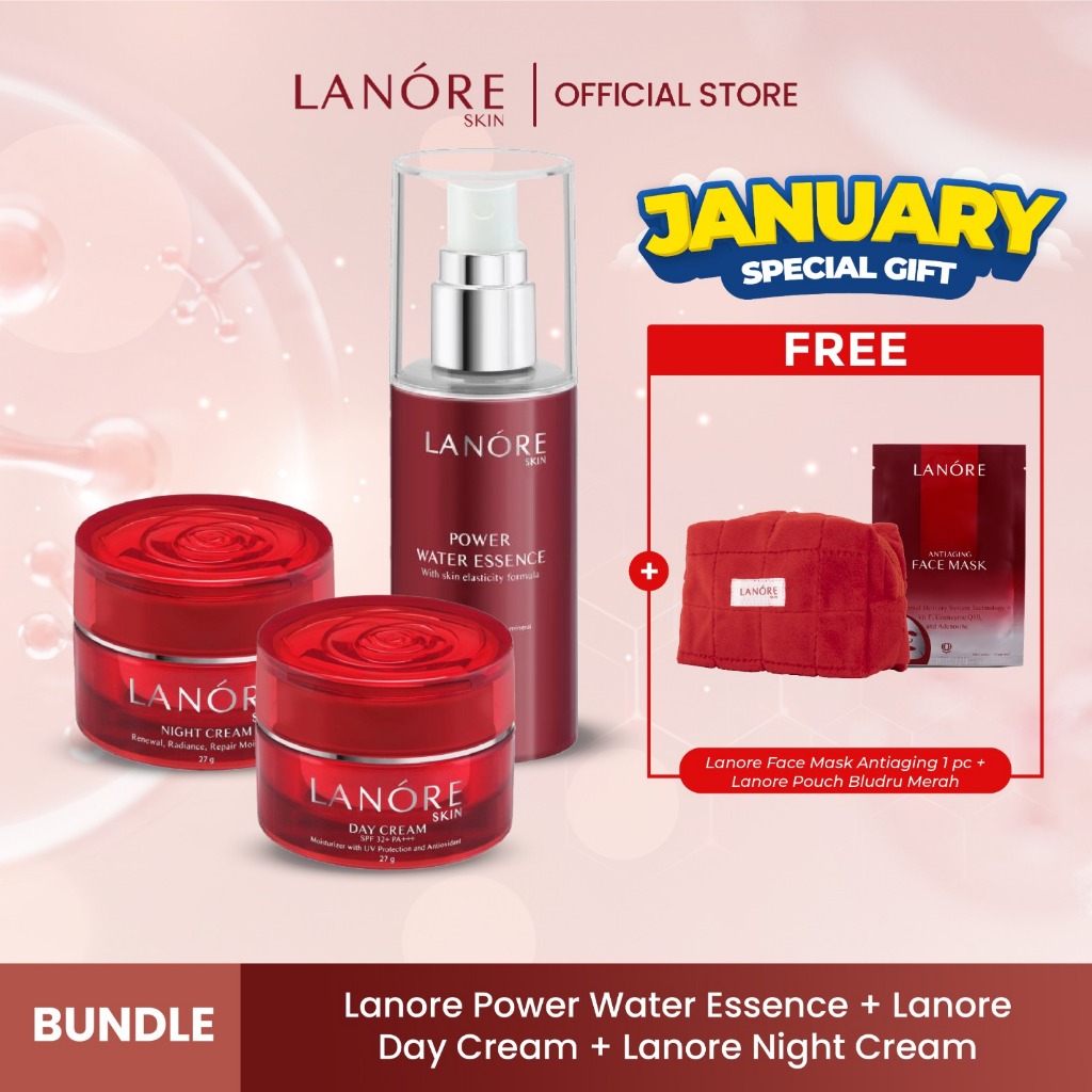 Paket Lanore Skin Night Cream+Lanore Skin Day Cream SPF 32+ PA+++ +Lanore Skin Power Water Essence
