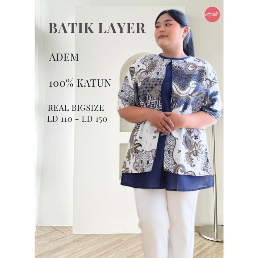ATRACTIV Blouse Batik Kantor Jumbo LD120 130 135 142 Lengan Pendek Batik Modern BigSize Wanita Kerja
