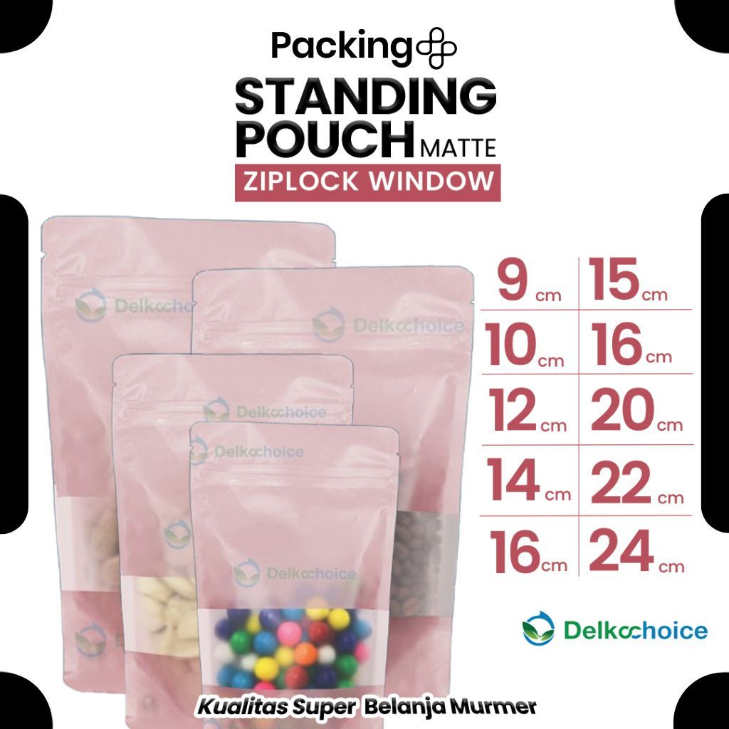 Kemasan Standing Pouch Matte Doff Window Ziplock PINK Plastik Klip Kemasan Makanan Harga Ecer Murah