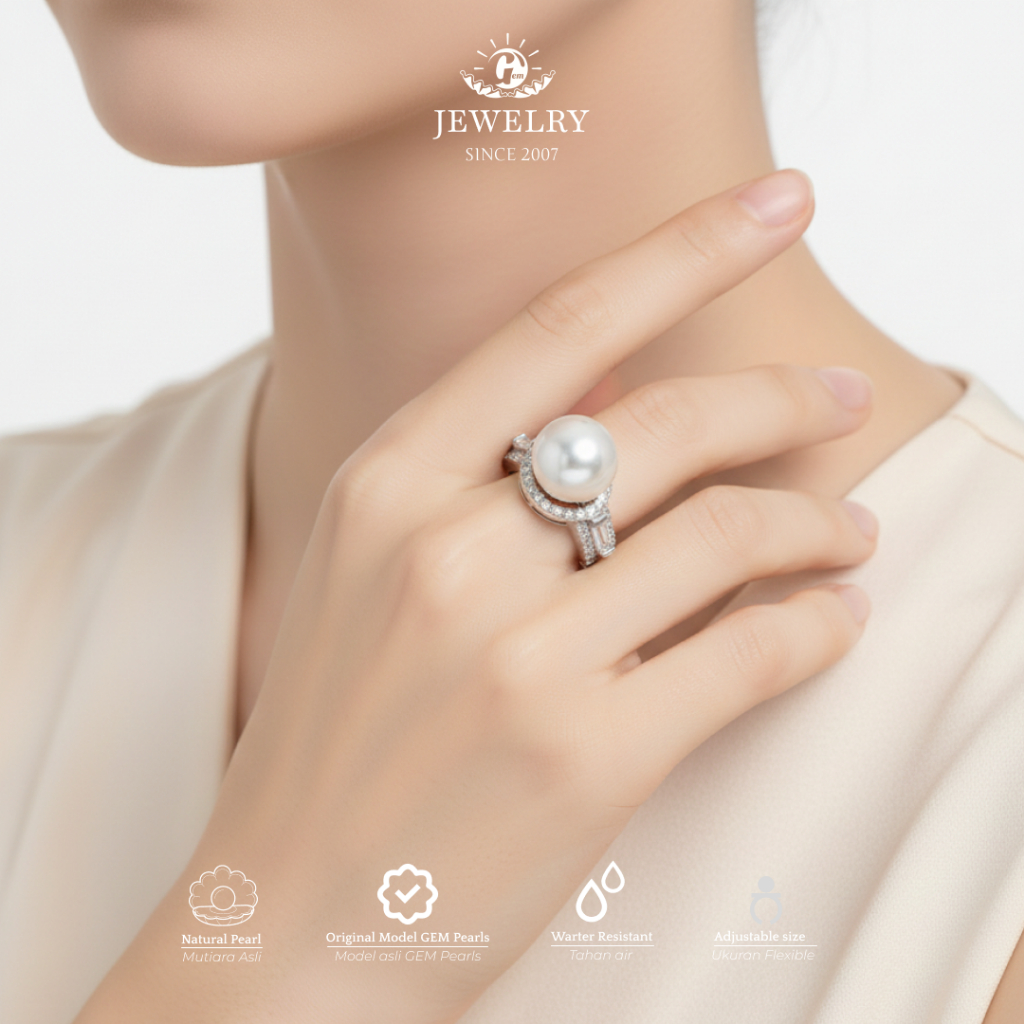 PER-CCN-F-016 | Cincin Mutiara Air Laut Asli Berwarna Putih Indah | Dengan Ring Chrome Elegan Berwar