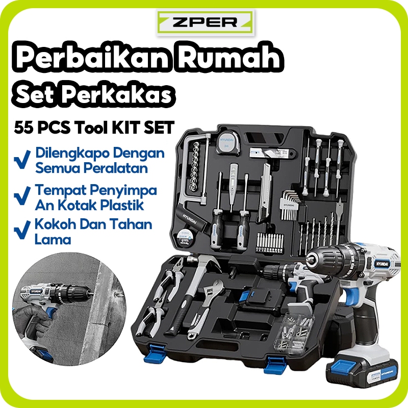 Hyundai 55 PCS Toolkit Bor listrik Alat Pertukangan Set bor listrik brushless Palu Handtool Box Set 