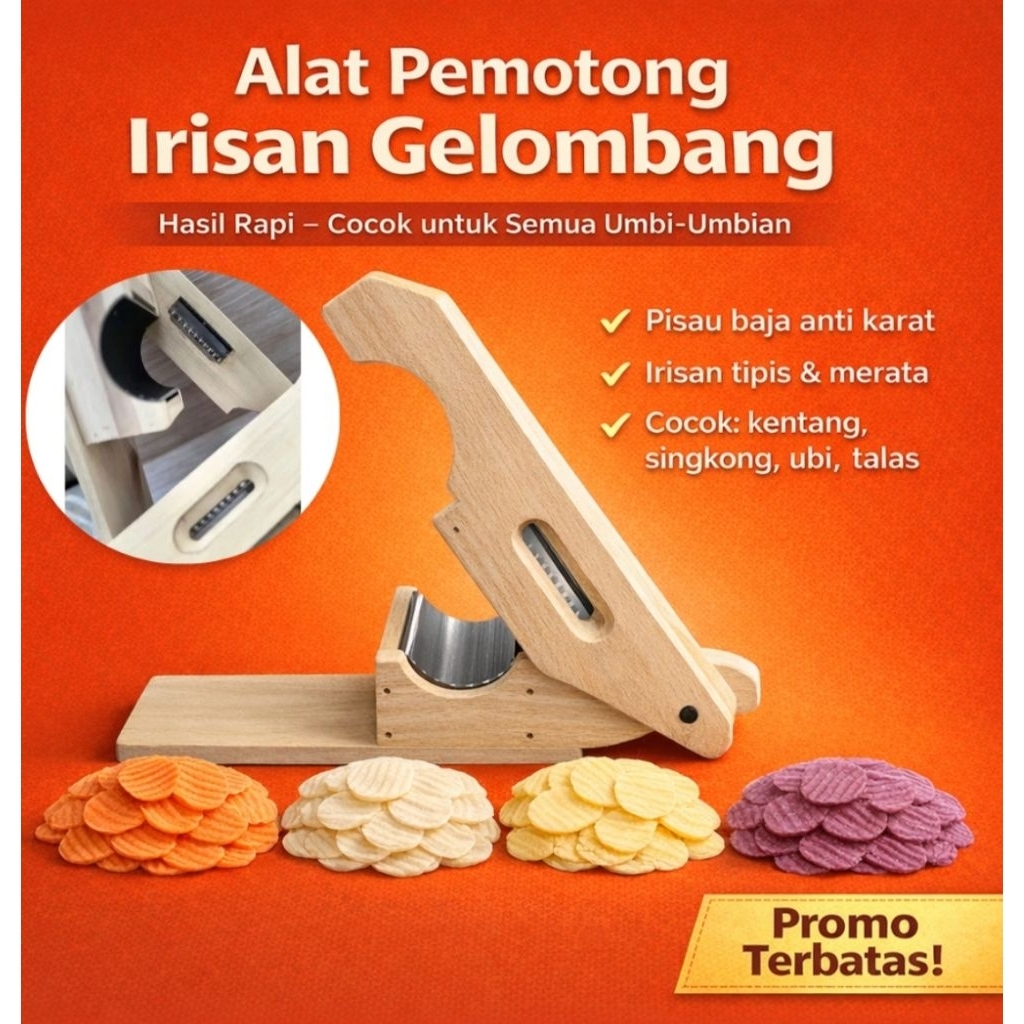 Pemotong Kentang Gelombang Manual Baja – Iris Singkong/Ubi Tipis Rapi