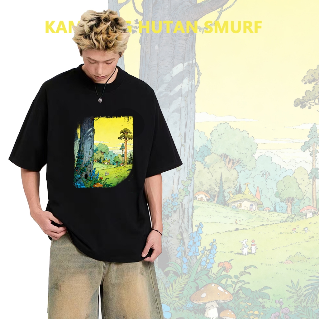 Kaos Hitam Putih Cetak Kampung Hutan Smurf Bahan Katun S-3XL Unisex Gaya Animasi Trend Indonesia Nya