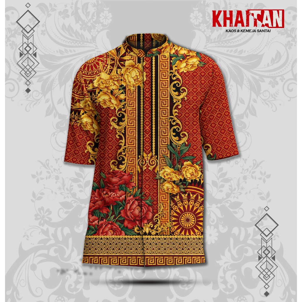 KHAITAN Kemeja Koko Batik Luxury - Baju Koko Pria Dewasa Premium Motif Bunga Gold Casual Unisex | KT